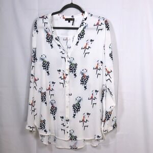 Jane & John Button Down L White Womens Graphic Print Blouse Top